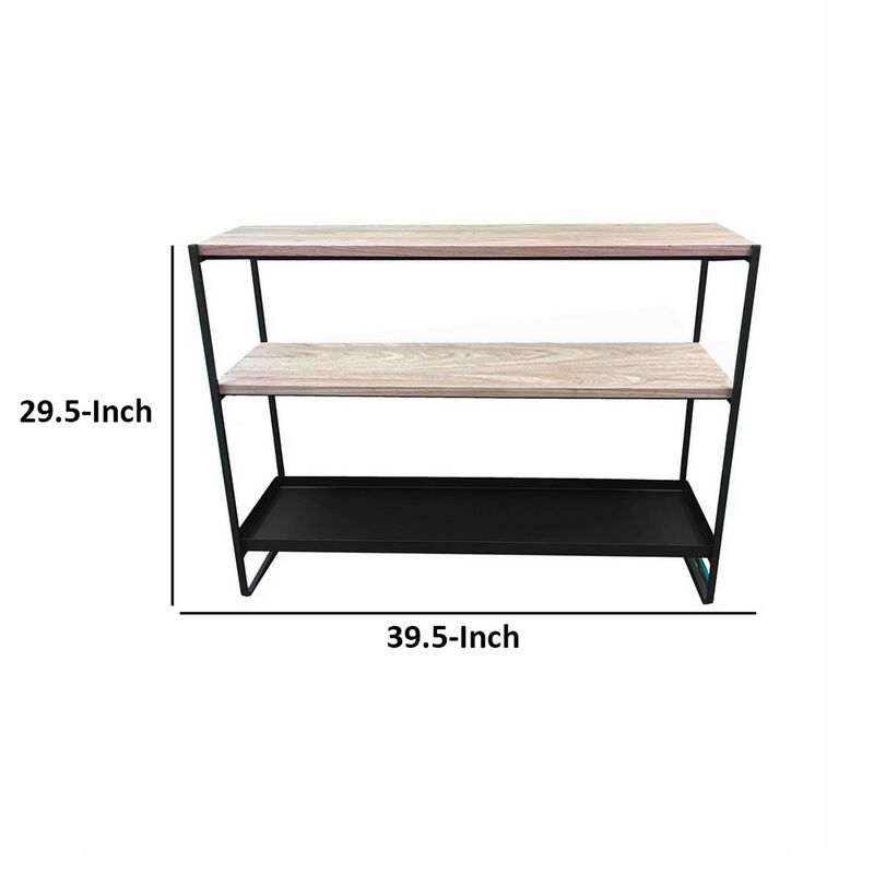 Evon 40 Inch Shelving Unit, Natural Brown Wood Top, 3 Shelves, Black Metal - Benzara