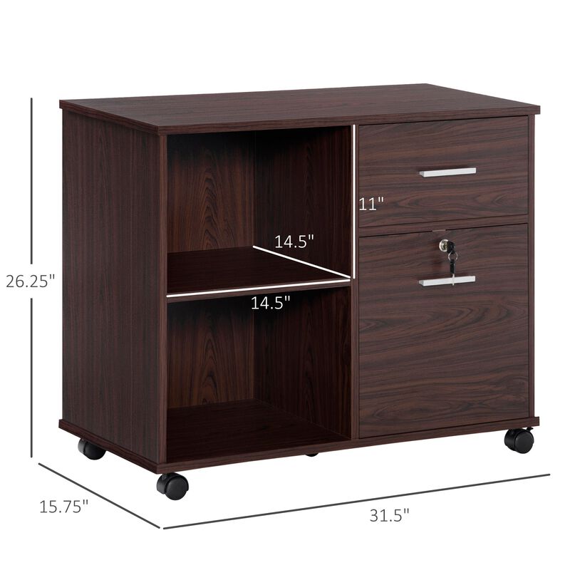 Walnut Mobile Storage: Lateral File Cabinet with Wheels & Open Shelves