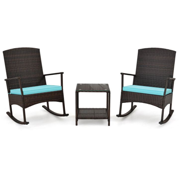 Hivvago 3 Piece Patio Rocking Set Wicker Rocking Chairs with 2-Tier Coffee Table
