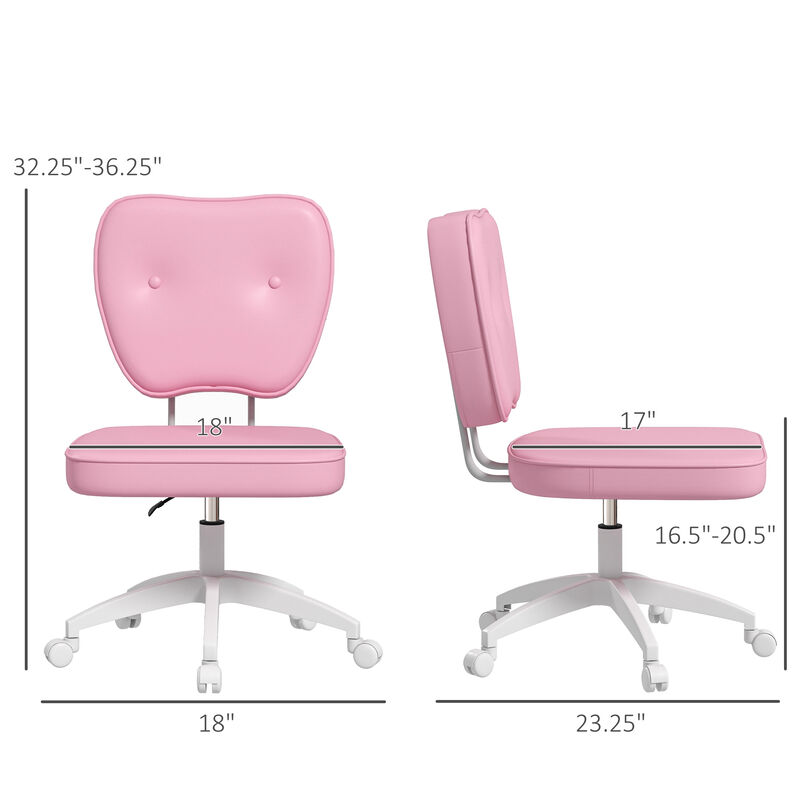 Vinsetto Cute Armless Office Chair, Small PU Leather Computer Desk Chair, Vanity Task Chair with Adjustable Height, Swivel Wheels, Mid Back, Pink
