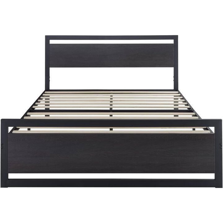 Hivvago Queen Black Metal Platform Bed Frame with Wood Panel Headboard and Footboard