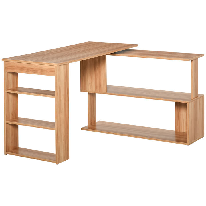 HOMCOM L Shaped Corner Desk, 360 Degree Rotating Home Office Desk with Storage Shelves, Writing Table Workstation, Maple