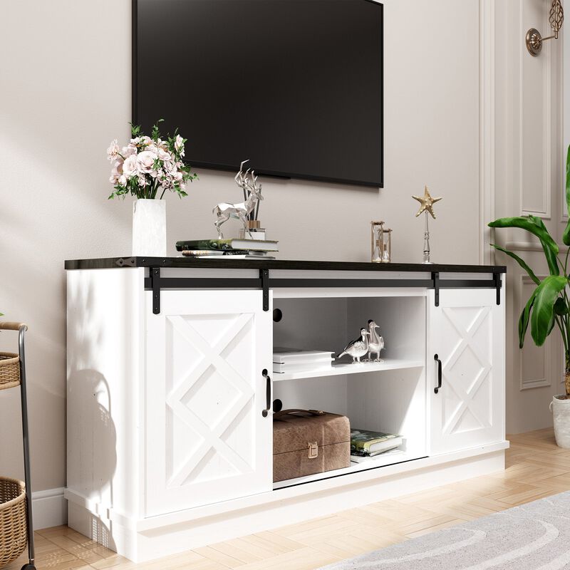 Farmhouse TV Stand wih Storage, 63" Entertainment Center , Wooden Media TV Console with Height Adjustable Shelves for Living Room