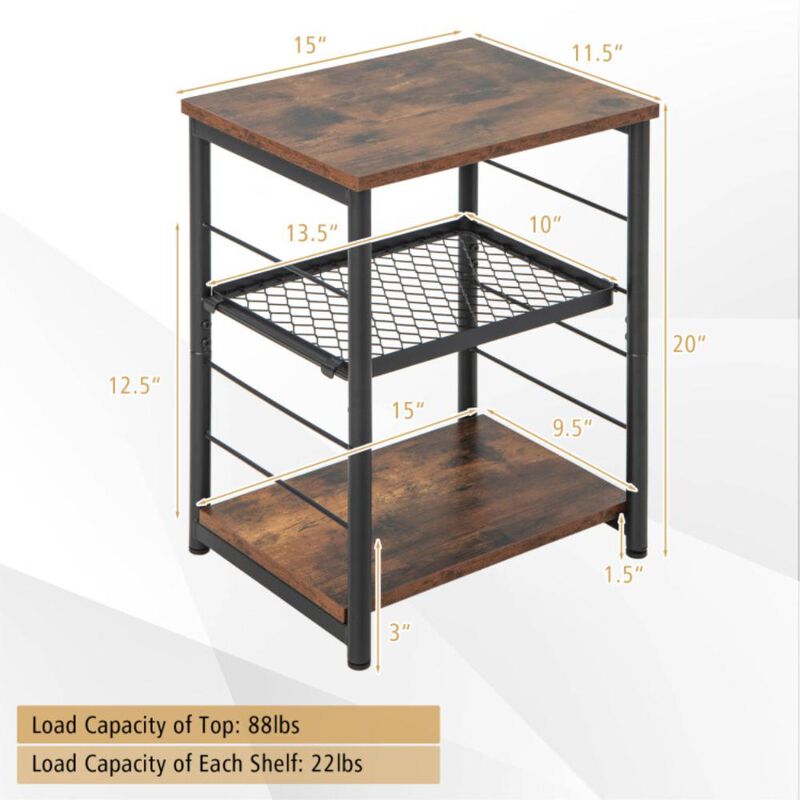 Hivvago 3-Tier Industrial Side Table with Adjustable Mesh Shelf-Rustic Brown