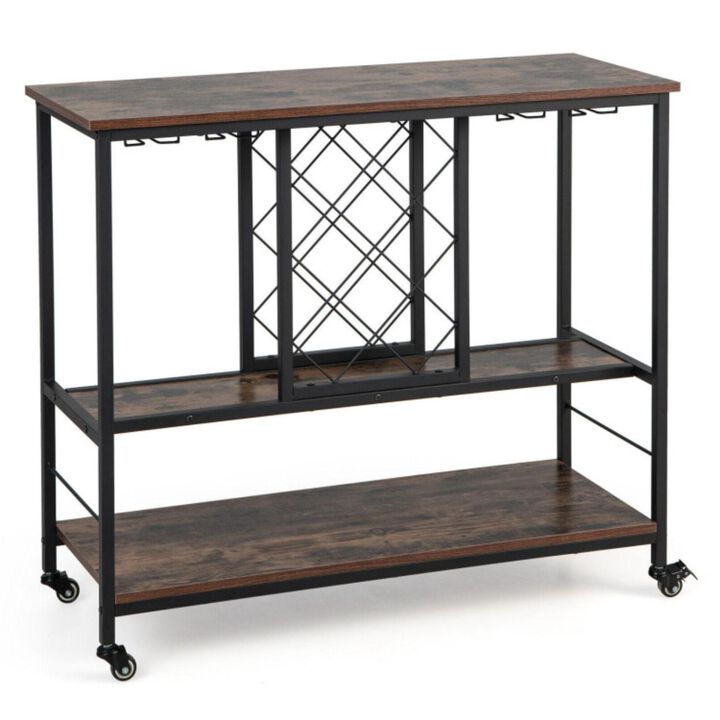 Hivvago 3-Tier Wine Bar Cabinet wit 8 Bottles Rack and 12 Glasses Hanger-Rustic Brown
