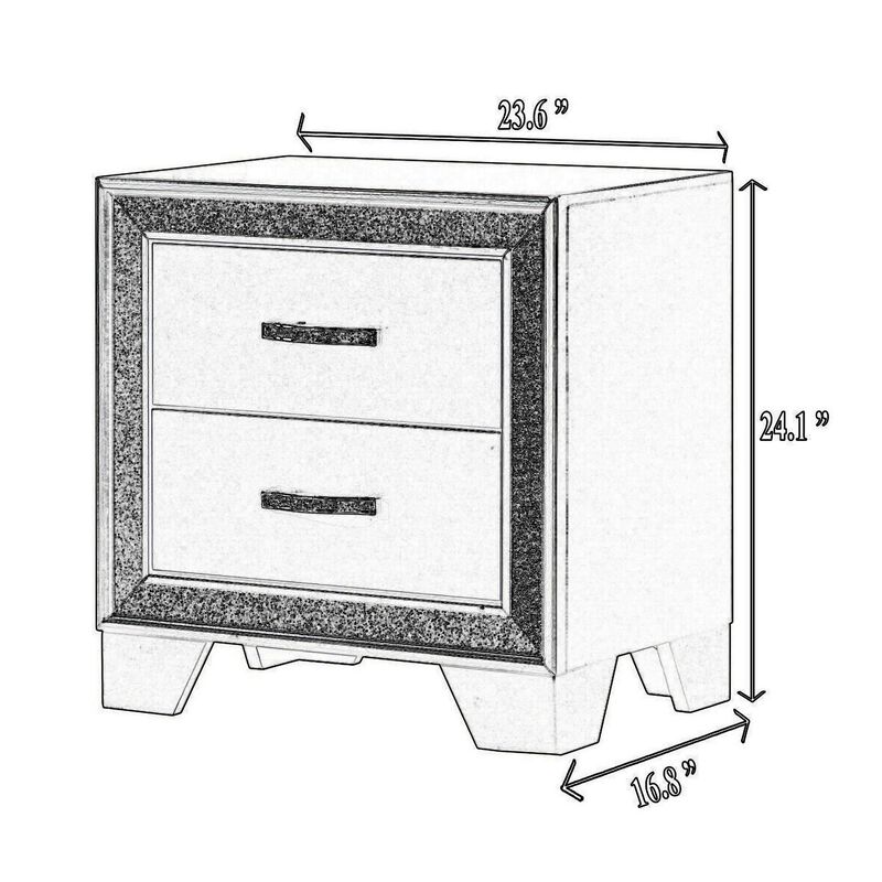 Zula 24 Inch 2 Drawer Nightstand, Faux Diamond Trim, Metal Handles, Gray-Benzara