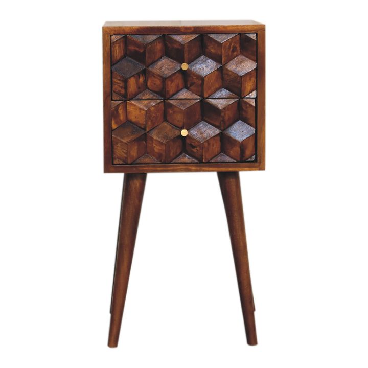 Mini Chestnut Cube Carved 2 Drawer Solid Wood Nightstand