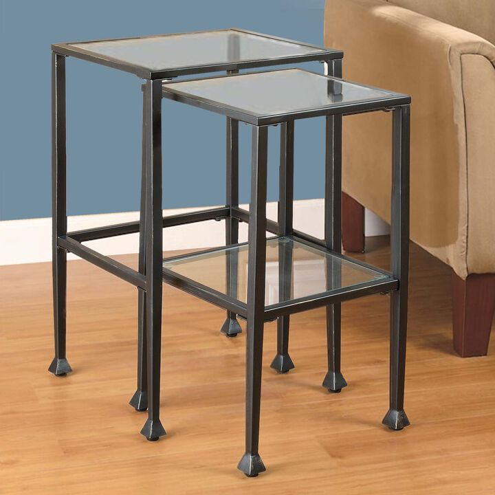 Set Of 2 Metal Nesting Tables With Glass Top, Black-Benzara