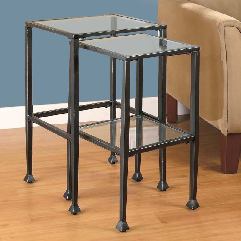 Set Of 2 Metal Nesting Tables With Glass Top, Black-Benzara