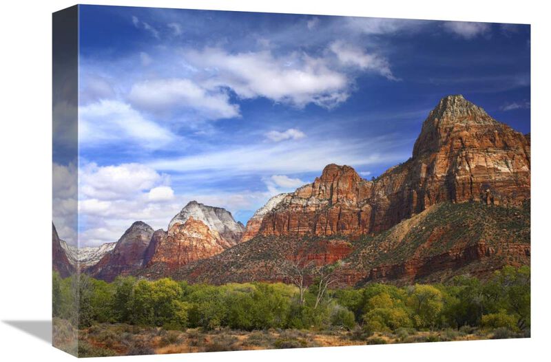 The Watchman, outcropping near south entrance of Zion National Park, cottonwoods in foreground, Utah-Canvas Art-16x12