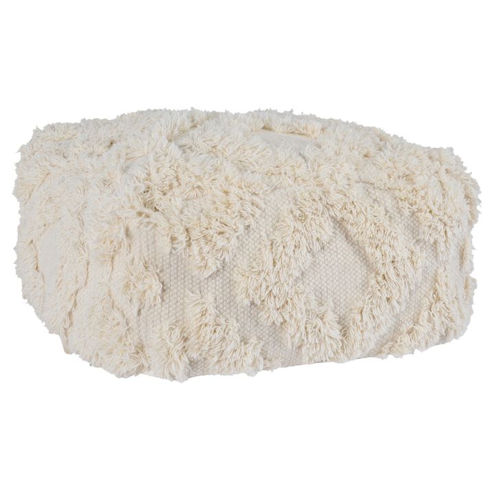 24 Inch Cotton Accent Pouf, Handwoven Textured Geometric Shag, Off White-Benzara