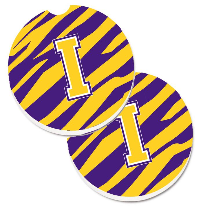 Caroline's Treasures Letter I Monogram - Tiger Stripe - Purple Gold Set of 2 Cup Holder Car Coasters CJ1022-ICARC, 2.56, Multicolor