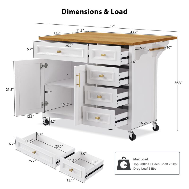 Merax Embossed Texture Kitchen Island on Wheels with Spice Rack