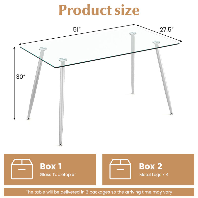 Glass Rectangular Dining Table with Metal Legs