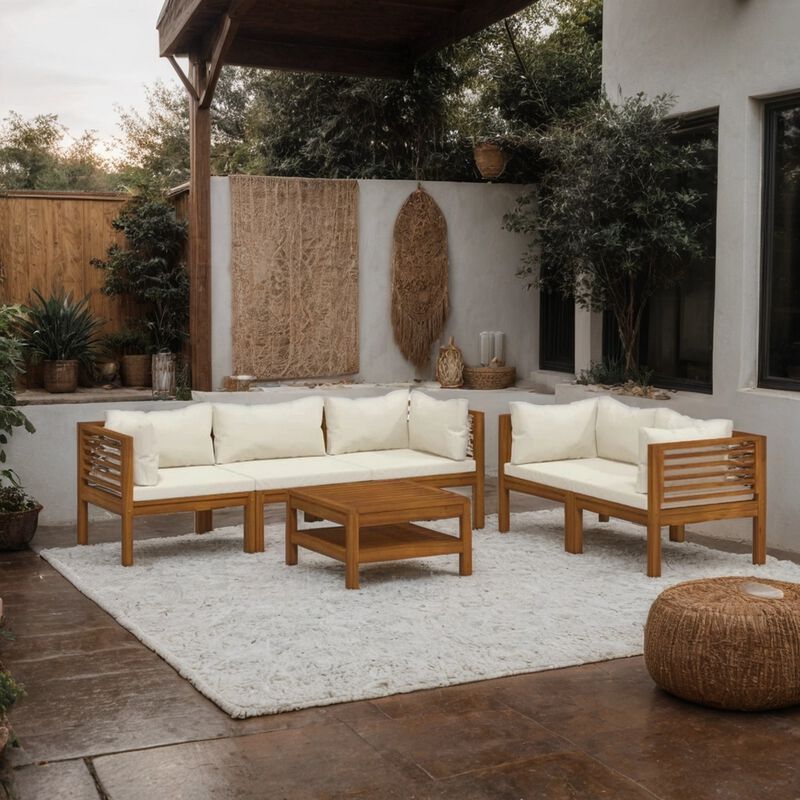 6pc Outdoor Modular Sofa Set, Cream Cushions, Brown Solid Acacia Wood - Benzara