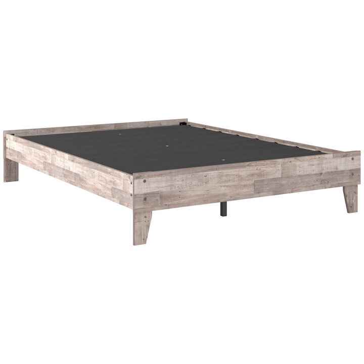 Queen Platform Bed with Butcher Block Design, Washed White-Benzara