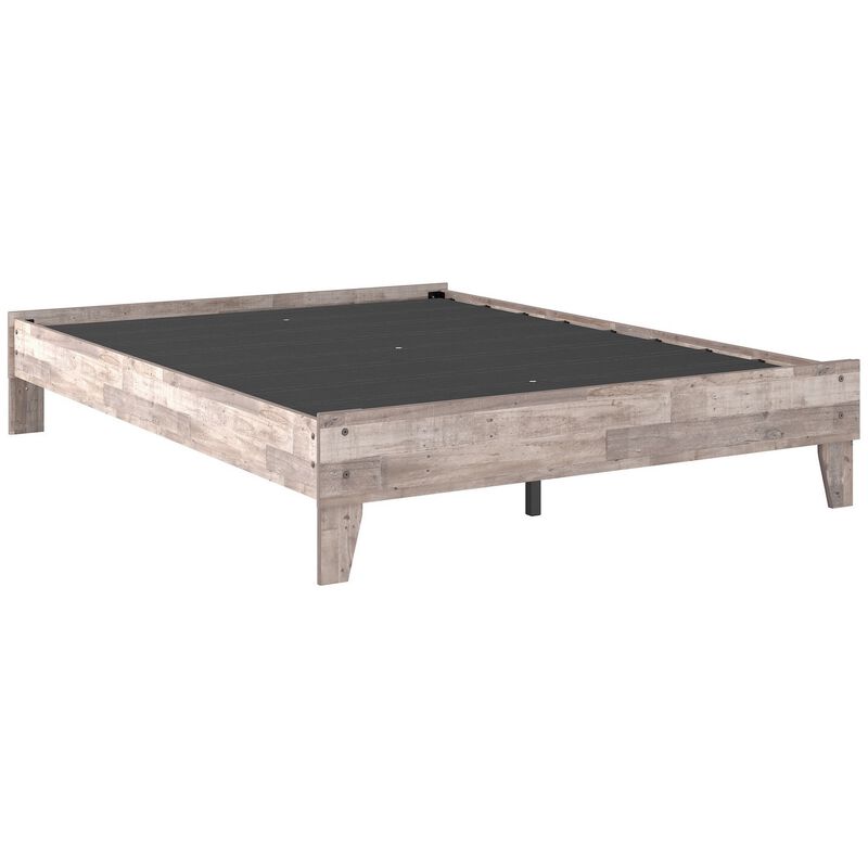Queen Platform Bed with Butcher Block Design, Washed White-Benzara