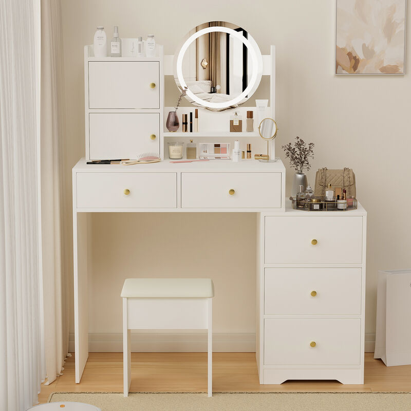 Vanity Desk with Mirror & Lights, 3-Color Adjustable Brightness, Table with Stool