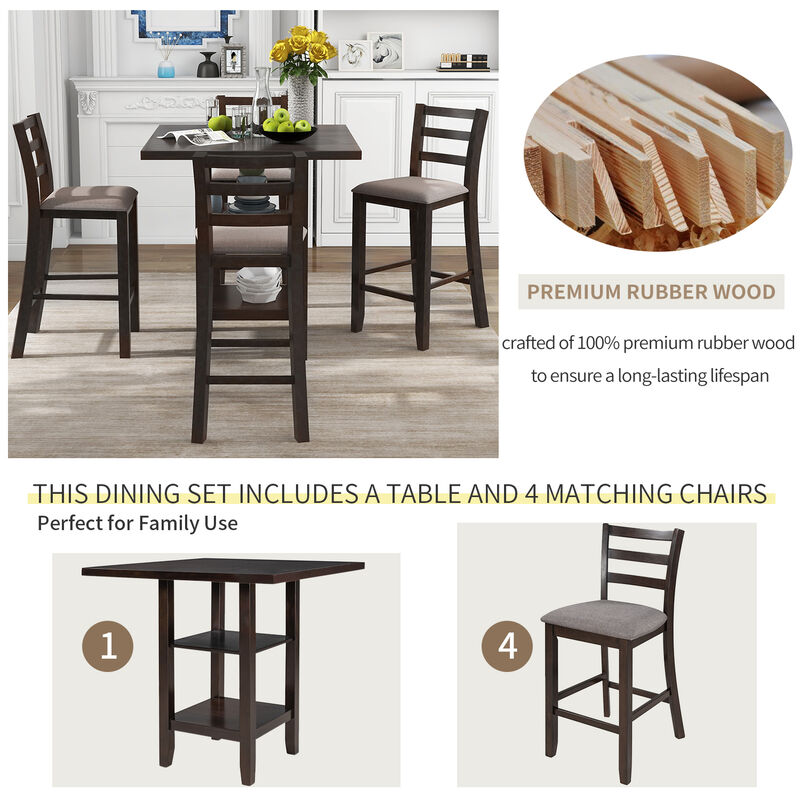 5-Piece Wooden Counter Height Dining Set with Padded Chairs and Storage Shelving
