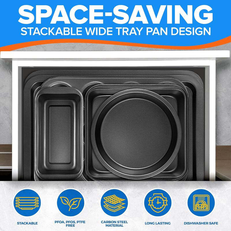 Stackable Baking Pan Set - Nonstick Gray Coating, Carbon Steel Bakeware Sets, PFOA, PFOS, PTFE Free, Recipe Booklet Included, Oven Safe Tray (Up To 450° F), Set of 10 - Gray