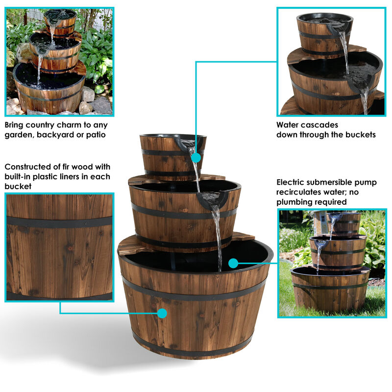 Sunnydaze Rustic 3-Tier Wooden Fir Barrel-Style Water Fountain - 30 in