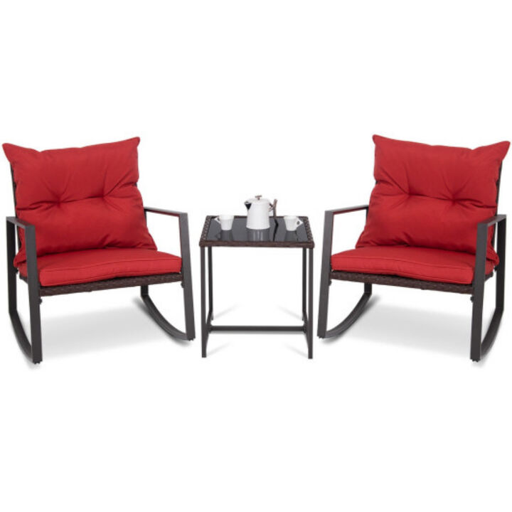 3 PCS Patio Rocking Wicker Bistro Set Outdoor Rattan Wicker Set w/ Beige Cushion