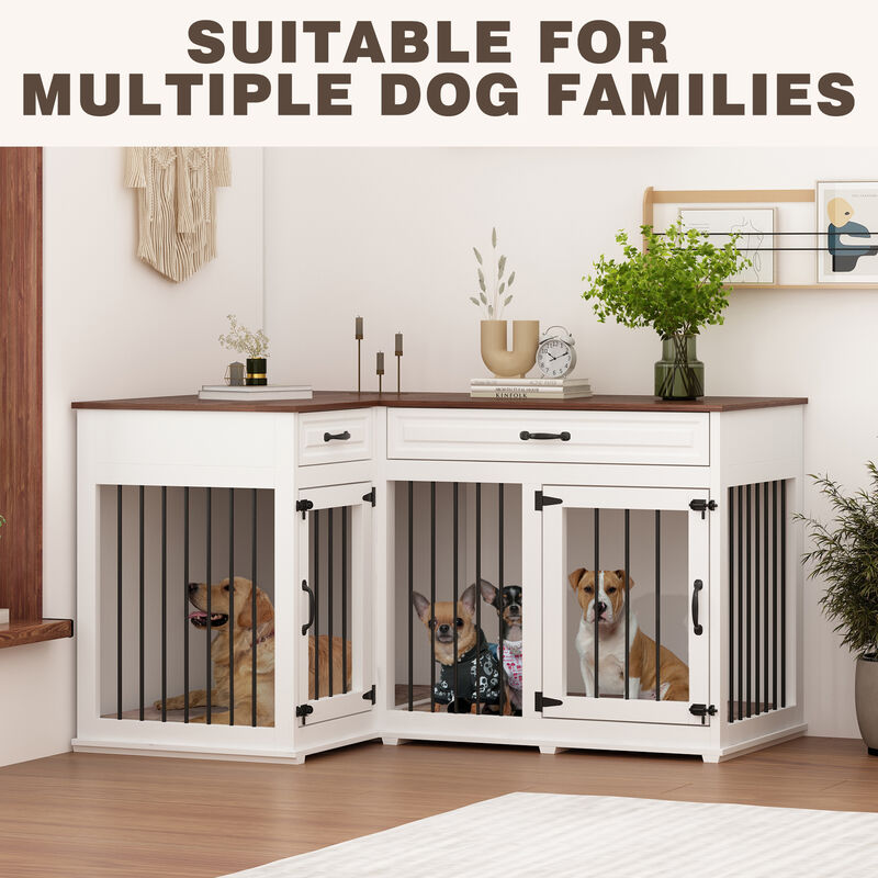 Large Corner Dog Crate Furniture for 2 Dogs with 2 Drawers, Wooden Dog Kennel Corner Dog Cage Perfect for Limited Room