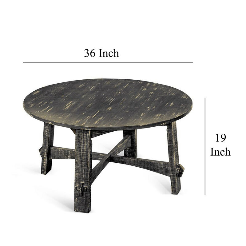 Rena Coffee Table, 36 Inch Round Top, Distressed Rustic Black Wood - Benzara