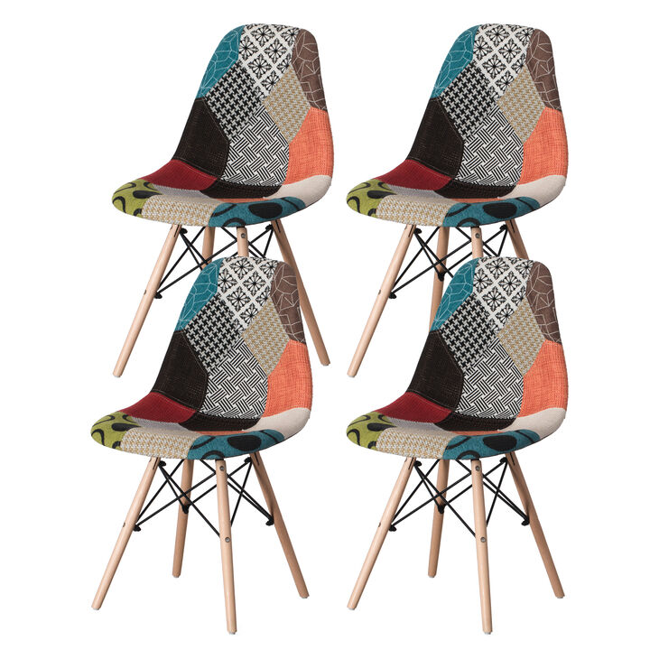 Modern Fabric Patchwork Chair with Wooden Legs for Kitchen, Dining Room, Entryway, Living Room, Set 4