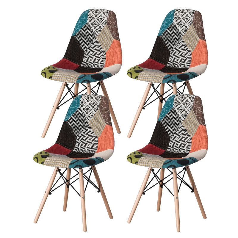 Modern Fabric Patchwork Chair with Wooden Legs for Kitchen, Dining Room, Entryway, Living Room, Set 4