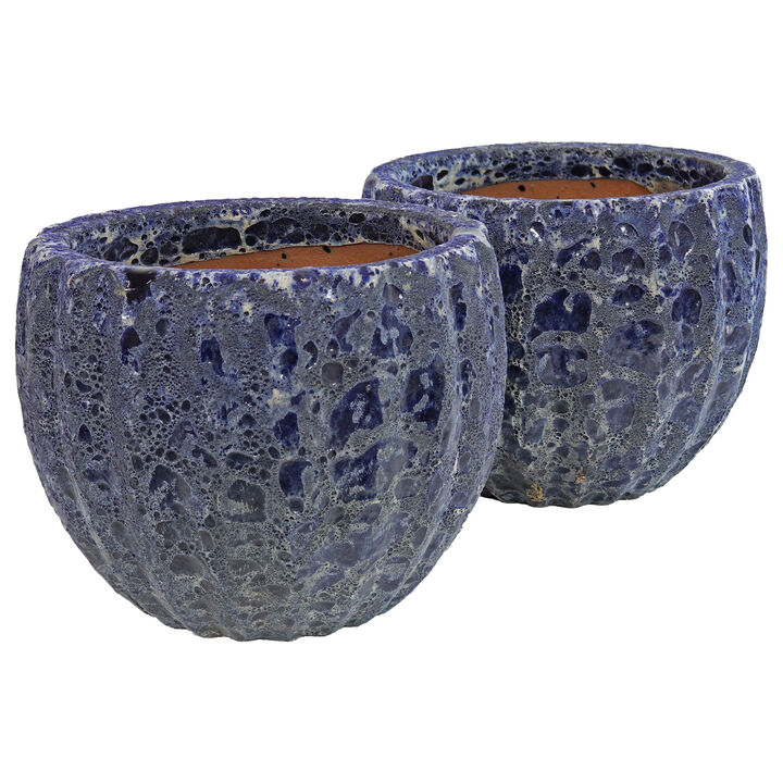 Sunnydaze 10" Round Fluted Lava Finish Planter - Dark Blue - Set of 2
