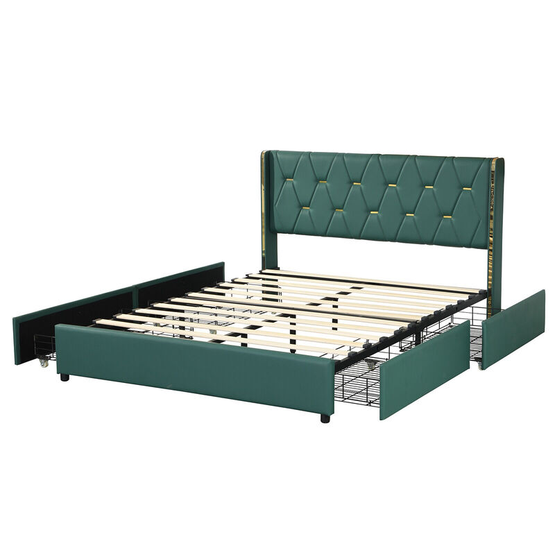 Full Size Upholstered Bed Frame with 4 Drawers-Green