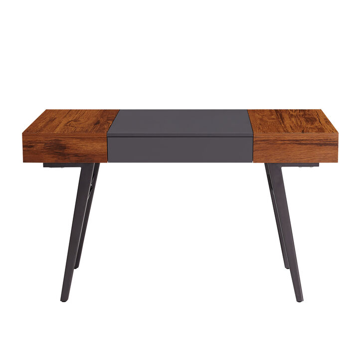 Writing Desk - Dual Side & Pull-Out Front Drawer - Coated Steel Frame - Mahogany
