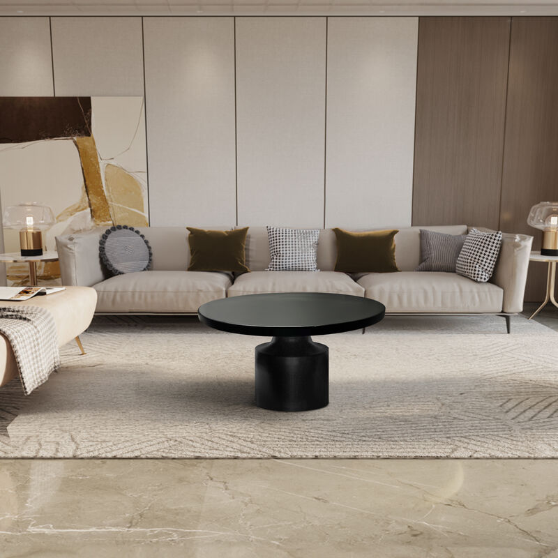 Zoe 30 Inch Round Coffee Table with Pedestal Base, Sleek Modern Silhouette, Matte Black Powder Coated Metal - Benzara