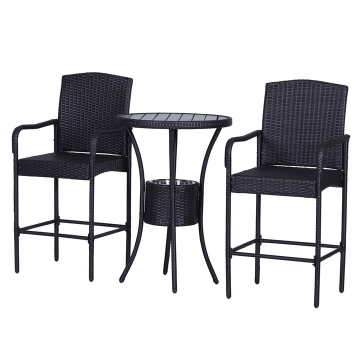 3Pc Rattan Wicker Bistro Set Patio Bar Table Chair Stool Garden
