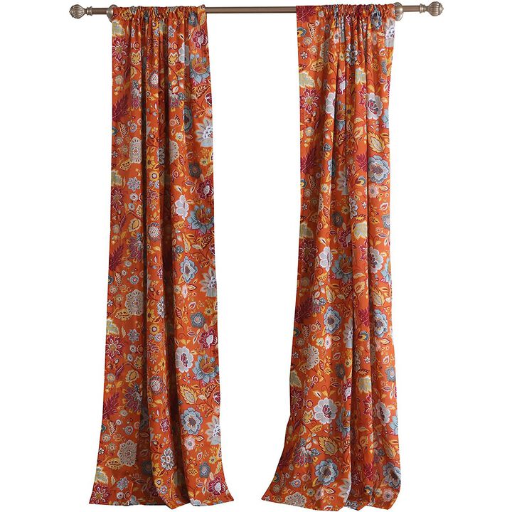 Paris 4 Piece Floral Print Fabric Curtain Panel with Ties, Orange - Benzara