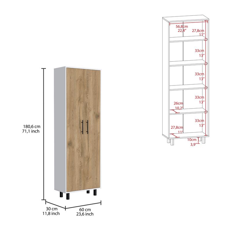 Reston 2 Piece Kitchen Set, Kitchen Island + Pantry Cabinet, White / Light Oak