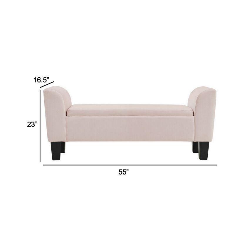 Cesar 55 Inch Ottoman Bench with Storage, Padded, Curved Arms, Pink Velvet-Benzara