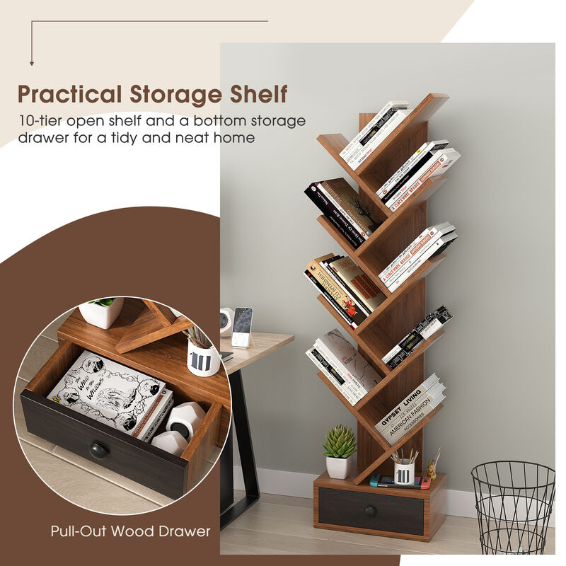 10-Tier Tree Bookshelf with Drawer and Anti-Tipping Kit