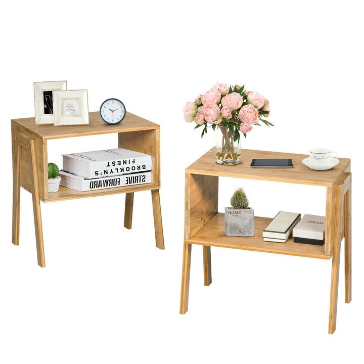 2 Pieces Wicker Nightstand Sofa Table with Storage Shelf