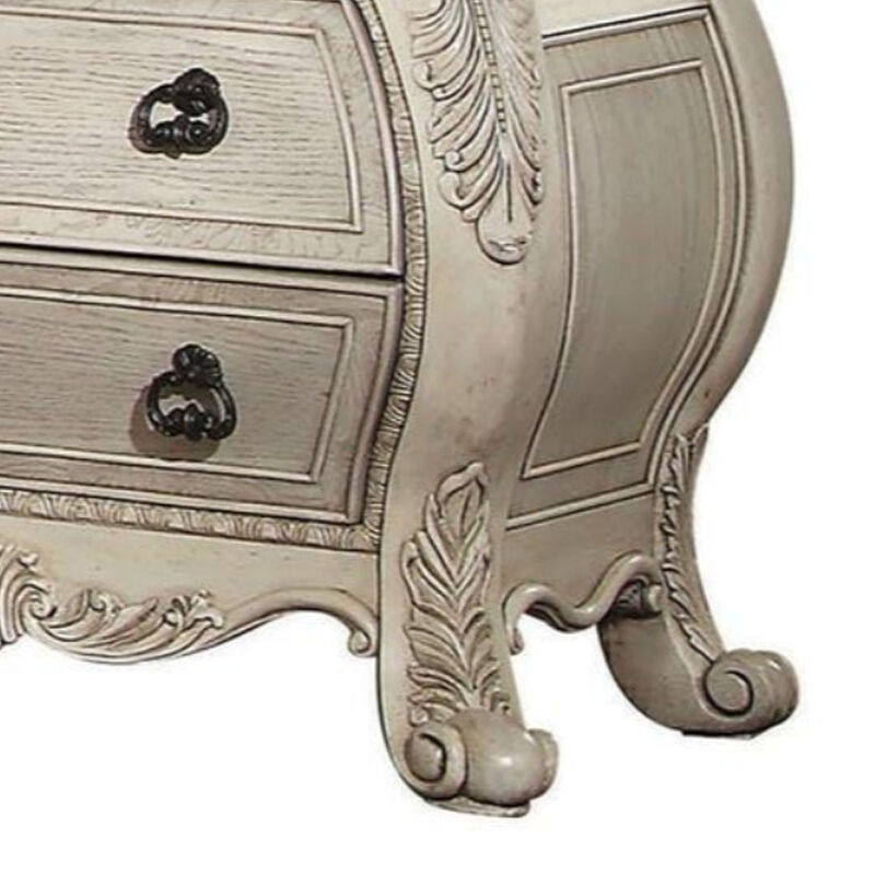 Three Drawer Wooden Nightstand With Scrolled Feet, Antique White-Benzara