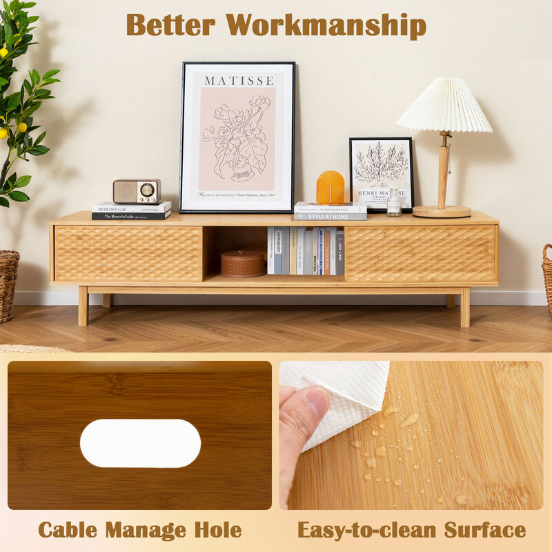 63 Inches Mid Century Modern Wicker TV Stand with Sliding Doors-Natural