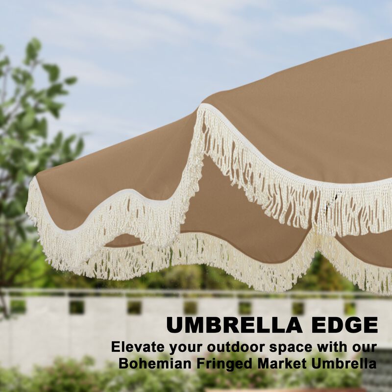 Mondawe 9 ft. Crank Design Bohemian Tassel Style Outdoor Market Umbrella with Full Fiberglass Rib