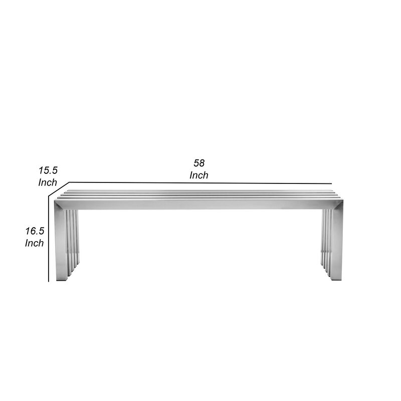 Namo 58 Inch Accent Bench, Sleek Modern Design, Rectangular, Chrome Metal - Benzara