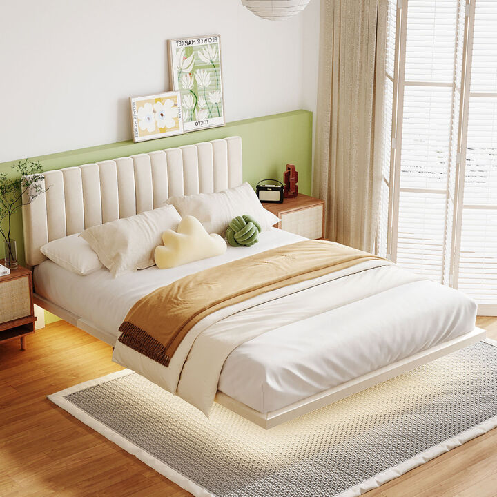 Queen Size Upholstered Bed With Sensor Light And Headboard, Floating Velvet Platform Bed