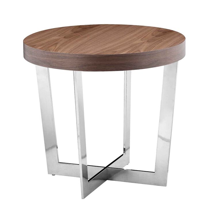 Tini 24 Inch Side End Table, Round Shaped Top, Metal Frame, Walnut Brown - Benzara