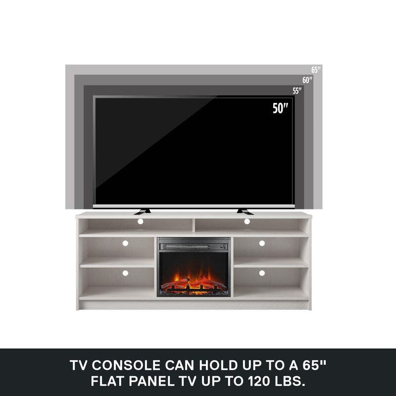 Hendrix 65" TV Stand with Electric Fireplace Insert and 6 Shelves, Ivory Oak