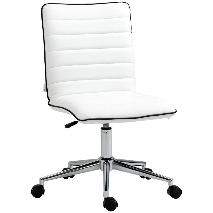 White Office Swivel: Designer Armless Task Chair with Ribbed Leather