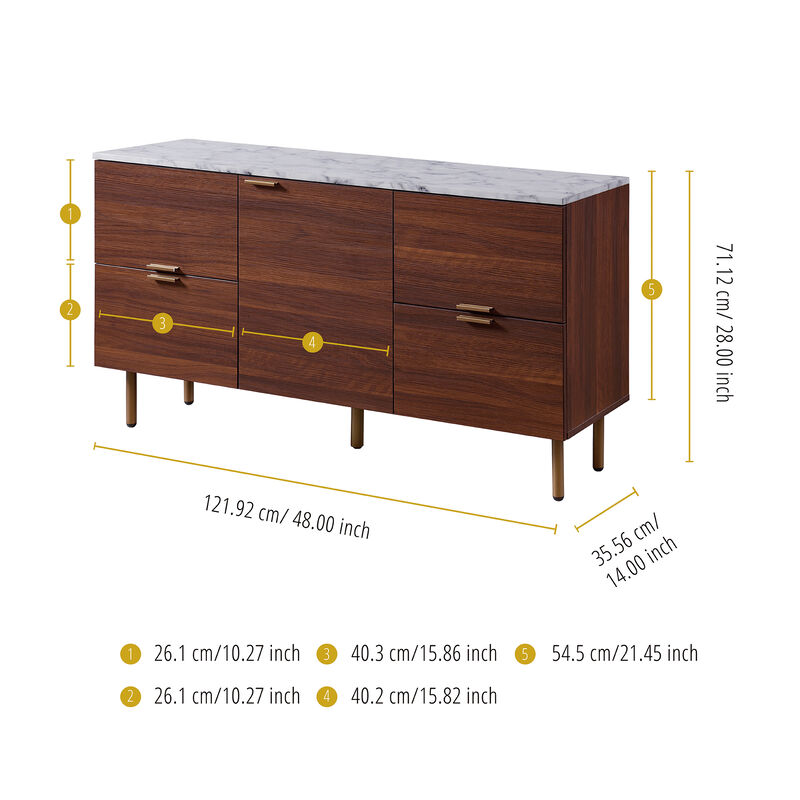 Teamson Home Ashton Rectangular Wood Sideboard with Marble-Look Top and Metal Legs