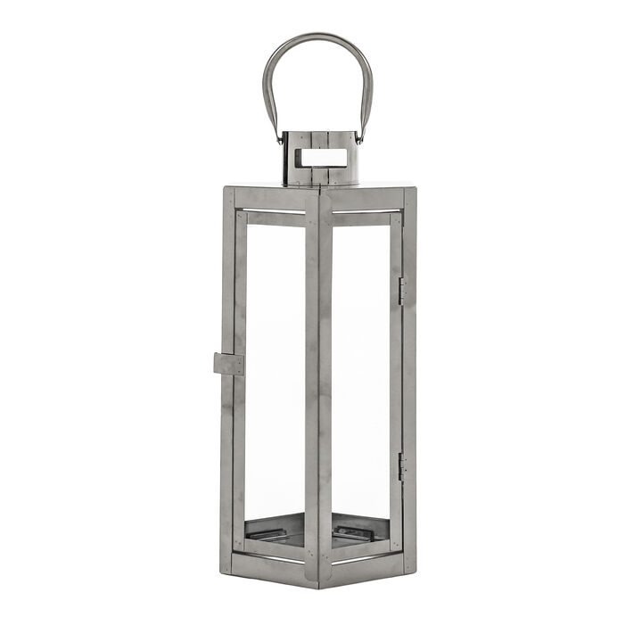 Clerk Lantern, Silver Stainless Steel Hexagonal, Tempered Glass, 16 Inch - Benzara